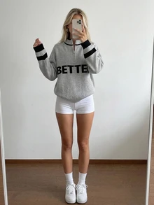 Livesso Women's Autumn/Winter Casual Colorblock Striped Letter Pattern Sweater - Grey - View 4
