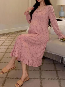 Dazy Maternity 碎花寬鬆套頭長袖荷葉邊下擺休閒日常居家春秋冬孕婦洋裝 - 粉色 - 查看 5