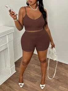 Slaydiva Summer Basic Loose Fit Women's Plus Size Outdoor Casual Set - Rust Brown - View 6