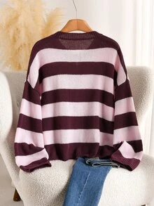 Elaquor Plus Size Women's Striped Drop Shoulder Long Sleeve Single-Breasted Knit Cardigan - Multicolor - View 2