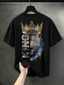 Fenqiro 男士豹紋皇冠印花圓領短袖休閒百搭T恤 - 黑色 - 查看 3