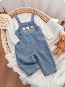 SHEIN 新生女嬰可愛多功能休閒刺繡連身衣，四季皆宜 - 霧霾藍 - 查看 7