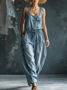 Glimmora Women's Fashion Solid Color Vintage Pocket Drawstring Print Jumpsuit - Yellow - View 4
