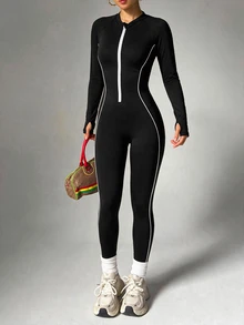 Slayform Slayform Women's Zipper Front Long Sleeve Fitted Sports Sporty Sexy Jumpsuit Gym Black And White Autumn Running Fitness Workout Outfits Autumn - Black and White - View 7