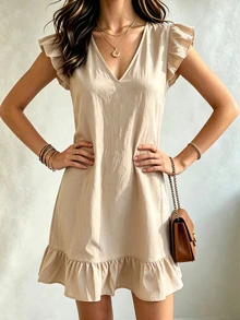 Hotletica Women's Solid Color V-Neck Flutter Sleeve Ruffle Hem Dress - Apricot - View 5