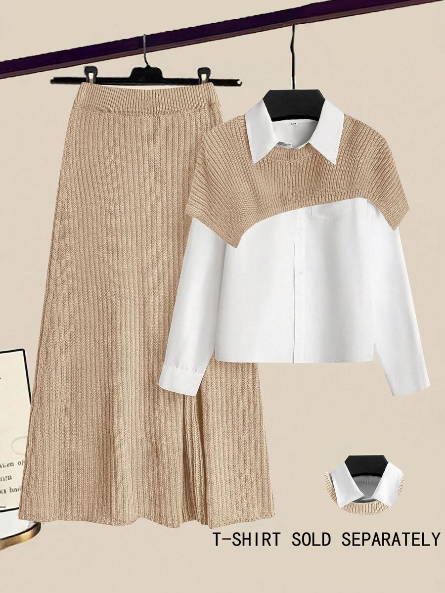 GlowEve Women's Solid Color Asymmetrical Hem Cropped Knit Top And Knit Skirt Set - Khaki - View 1