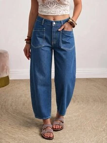 EMERY ROSE Plus Size Women's Casual Daily Denim Jeans With Pockets And Buttons - Blue - View 6