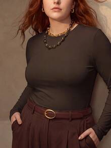 MOTF PREMIUM HIGH ELASTICITY SKIN-FRIENDLY SOLID COLOR ROUND NECK SLIM FIT FLATTERING FASHION LONG SLEEVE VERSATILE PLUS SIZE WOMEN'S BASE LAYER TOP - Coffee Brown - View 1