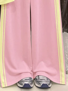復古甜美多巴胺風奶油黃與奶油粉對比色運動風，BM芭蕾風蝴蝶結圖案，少女T恤與長褲針織兩件套，休閒日常時尚百搭，適合通勤、約會、派對、秋冬、海灘、畢業典禮、時尚休閒、出遊度假 - 彩色 - 查看 8