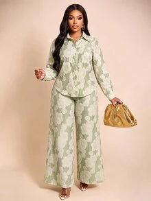 Brilight Floral Embossed Lapel Long Sleeve Button Shirt High Waist Wide Leg Pants For Vacation Brunch Daily O - Green - View 12