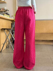 K-Vae Women's Loose Casual Tie Waist Plaid Long Pants In Rose Red - Hot Pink - View 2