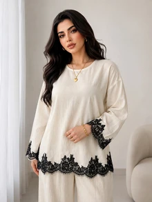 Solavon Plus Size Women's Lace Patchwork Long Sleeve Top And Pants Casual Daily 2 Pieces Set - Apricot - View 6