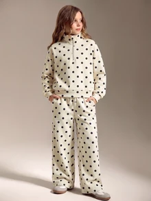 SHEIN 青少年女孩秋季套裝 1/4 拉鍊寬鬆衛衣與運動長褲套裝，休閒版型，返校季，秋冬款 - 白色 - 查看 7