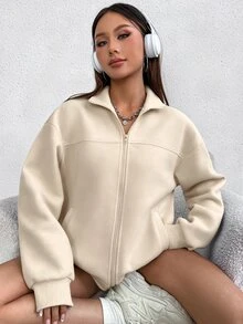 SHEIN Unity 女款百搭街頭風長袖口袋運動衫，適合日常穿著 - 卡其色 - 查看 5
