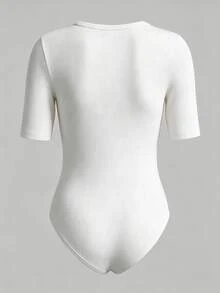 EMERY ROSE Women's Solid Color Round Neck Short Sleeve Casual Bodysuit - White - View 2