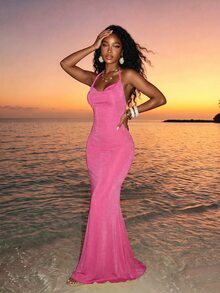 Slaydiva Women's Sexy Backless Halter Neck Dress - Hot Pink - View 5