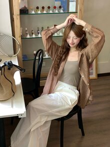 DAZY 女款條紋落肩長袖單排扣休閒襯衫 - 咖啡棕 - 查看 5