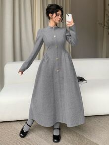 DAZY Autumn/Winter Gray Stand Collar Elegant Vintage Commute Date Elegant Women Mid-Length Dress - Grey - View 4
