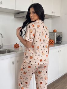ZzzCrew Plus Size Striped Pajama Set With Collared Button-Front Puff Crinkle Halloween Print Short Sleeve Top And Long Pants - Multicolor - View 2
