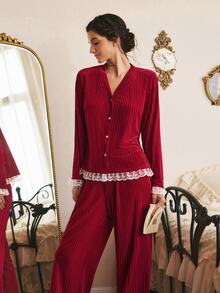 Côtesoire Women's French Elegant Velvet Contrast Color Lace Long Sleeve Pants Pajama Set - Burgundy - View 6