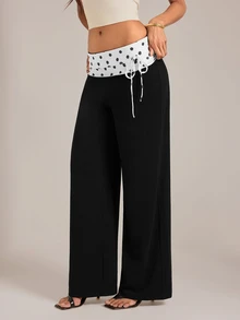 SHEIN Tall Women's New Summer Black & White Polka Dot Long Pants, Elegant, Sexy And Minimalist Fashion Style, Suitable For Daily Casual, Vacation, Commute, Date And Dinner Occasions, Showcasing Modern Fashion - Black - View 4