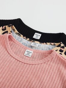 SHEIN Tween女孩長袖兩件套，3色可選：粉色、經典豹紋、純黑色；圓領長袖上衣配弧形下擺，搭配同款長褲。適合日常上學、拜訪親友，春秋穿著，可單穿或搭配外套層疊穿 - 彩色 - 查看 6