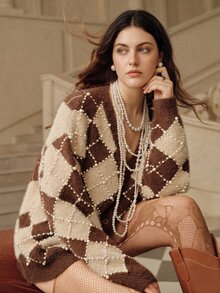 Anewsta Women's Plus Size Coffee & Apricot Color Block Pearl Faux Mink Fur V-Neck Knit Cardigan Sweater Jacket, Autumn/Winter - Coffee Brown - View 6