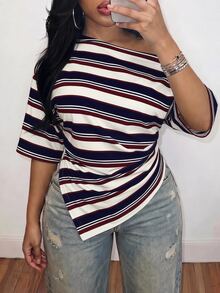 Slaydiva Casual Minimalist Striped Print Pattern Plus Size T-Shirt Suitable For Autumn - Multicolor - View 5
