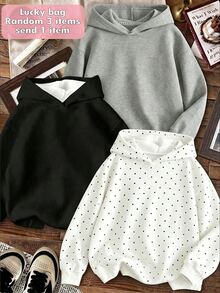 女童休閒純色波點連帽衛衣，長袖寬鬆短版運動上衣，3款隨機發送1件，女童日常基礎連帽上衣 - 彩色 - 查看 2