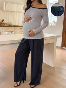Dazy Maternity Striped Asymmetrical Shoulder Long Sleeve T-Shirt & Straight Leg Pants Casual Vacation Home Daily Spring Autumn Maternity 2 Pieces Set - Black - View 6