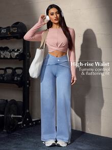 Flexra Women's Asymmetric Waist Wide Leg Loose Casual Denim Jeans - Blue - View 9