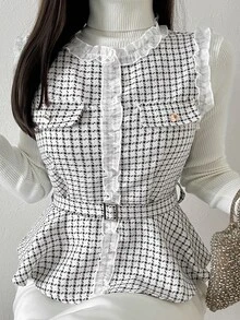 FRIFUL Women's Elegant Commuter Plaid Frill Trim Tank Top With Waist Belt Fall - White - View 7