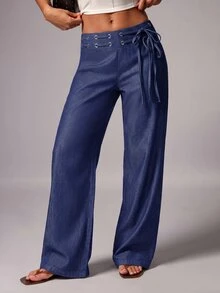 Avenya Low Waist Eyelet Lace-Up Denim Effect Casual Pants - Blue - View 4