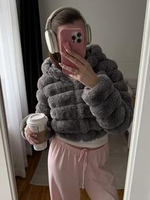 SHEIN EZwear 女款休閒舒適人造毛長袖秋冬夾克 - 深灰色 - 查看 4
