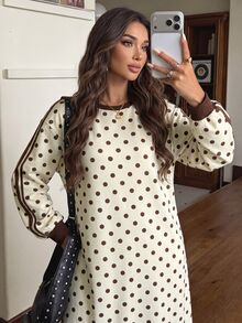 Al Najma Round Neck Woven Trim Brown Polka Dot Dress - Multicolor - View 2