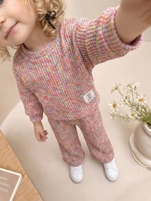 SHEIN Playful Pals Baby Girl T Shirt Set Waffle Top Winter Fall Winter Knit Long Sleeve Thick Pants Grey Camel Pattern Sets Matching Sets - Multicolor - View 3