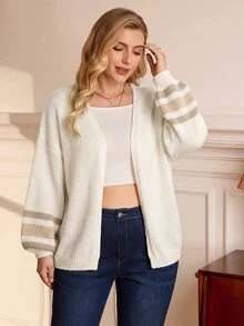 EMERY ROSE Plus Size Colorblock Striped Long Sleeve Knit Cardigan - Apricot - View 3