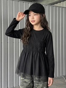 Dazy Kids Tween Girl Solid Color Pleated Casual Versatile Daily Wear Top - Black - View 4