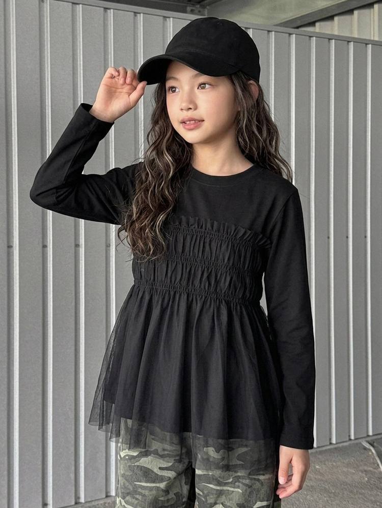 Dazy Kids Tween Girl Solid Color Pleated Casual Versatile Daily Wear Top - Black - View 4