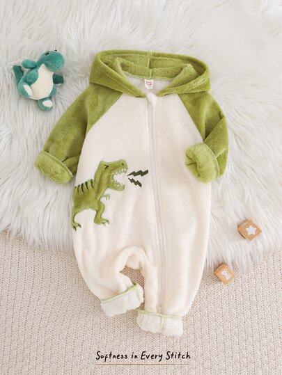 Cozy Pixies Kids Baby Boy Casual Daily Comfortable Patchwork Embroidery Contrast Color Hooded Fleece Romper
