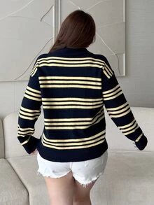 Vibekara Sweater Polo Lengan Panjang Kerah Lipat Motif Garis-Garis Retro American Lazy Musim Gugur/Dingin - MultiWarna - View 2