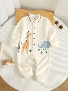 SHEIN 嬰兒男/女寶寶新生兒秋冬款卡通圖案 Polo 領長袖連身衣連身褲，可愛嬰兒一體式連身衣 - 彩色 - 查看 1