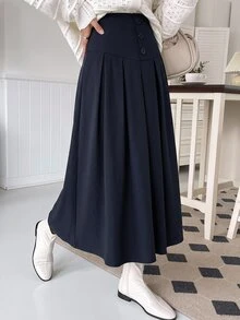 DAZY 女款素色百褶休閒百搭日常穿著裙 - 寶藍色 - 查看 7