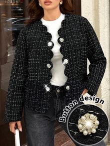 Modelyn Jaket Wanita Elegan Gaya Prancis Musim Gugur/Dingin dengan Hiasan Renda Bergelombang dan Kancing Mutiara. - Hitam - View 7
