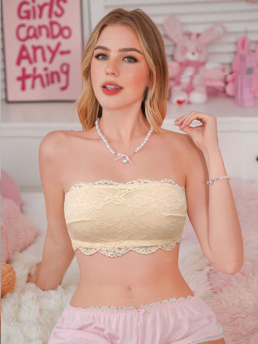 PetitDoll 1pc Lace Strapless Bandeau Bra For Women - Apricot - View 1