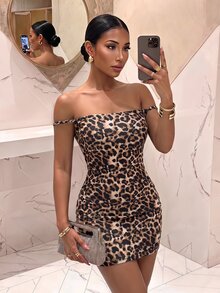 Slaydiva Leopard Print Off-Shoulder Backless Mini Dress - Multicolor - View 4