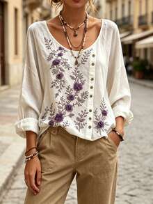 Selamara Women's Fashion Floral Print Long Sleeve Top For Vacation - Multicolor - View 4