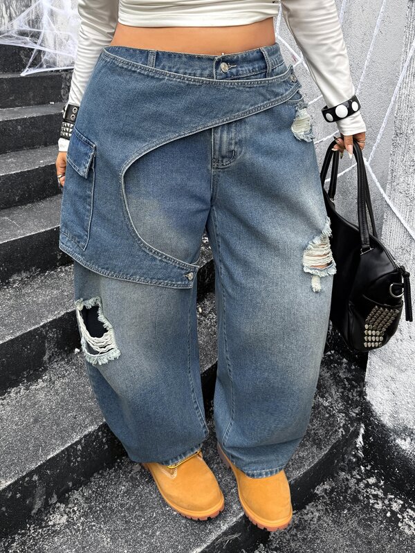 Jeanoix Y2K Plus Size Women Non-Stretch Barrel Leg Curved Hem Denim Jeans Mid-Blue Deep Wash Vintage Asymmetric Flap Design Barrel Leg Denim Pants Cowboy Outfits For Women