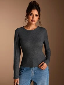 SHEIN BASICS 女款極簡百搭長袖T恤，適合日常穿著 - 卡其色 - 查看 5