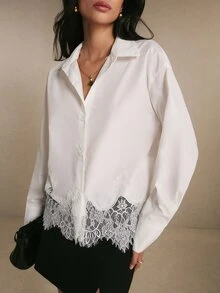 Poéselle Women's Elegant Commute Solid Color Lace Patchwork Blouse - White - View 7